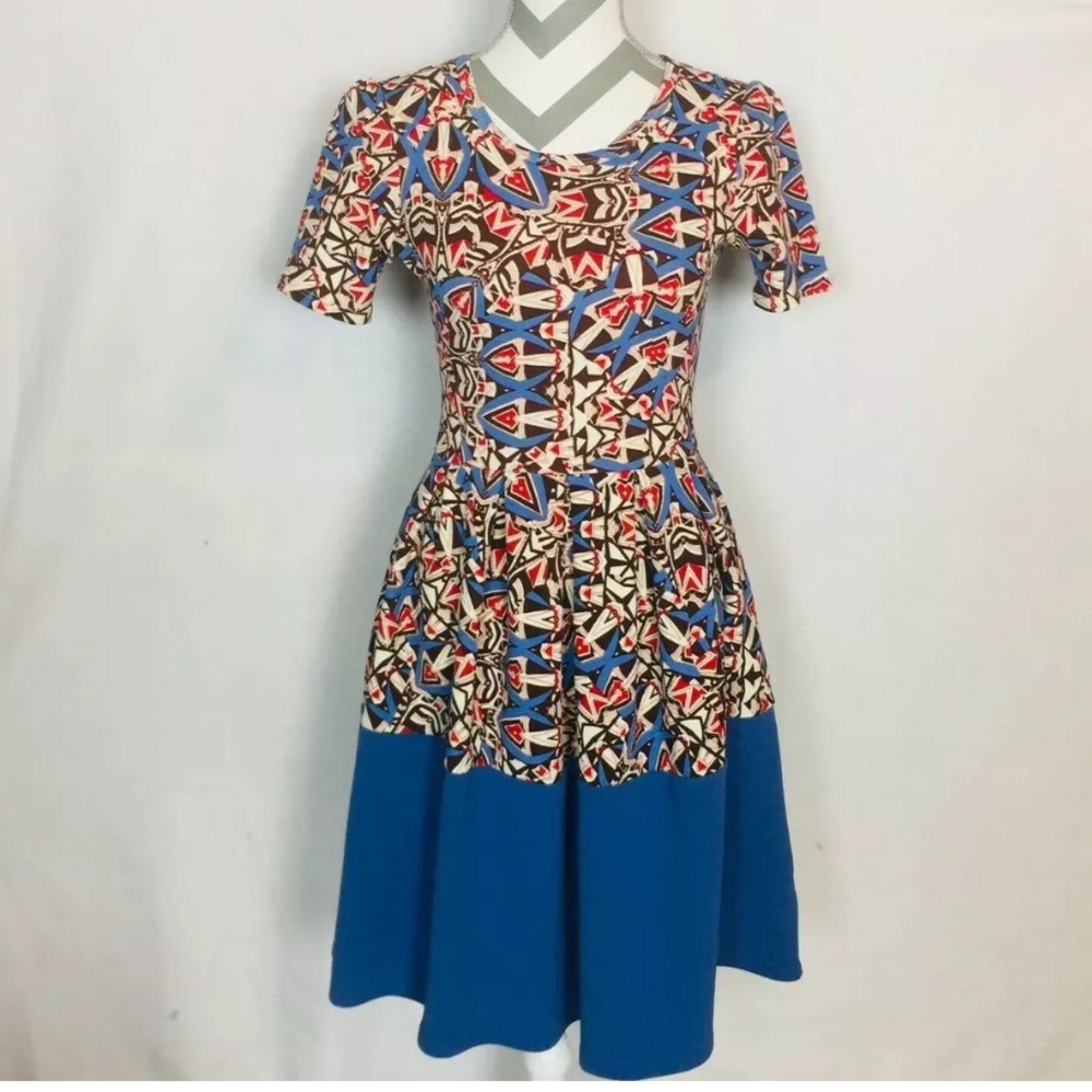 NEW LuLaRoe Dress XS Blue Color Block Fit Flare